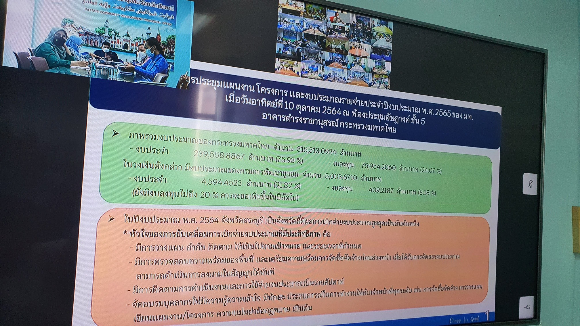 พช.ปัตตานี ร่วมประชุมกรมการพัฒนาชุมชน ประจำเดือนตุลาคม ผ่านระบบการประชุมทางไกล (Video Conference) 76 จังหวัดทั่วประเทศ